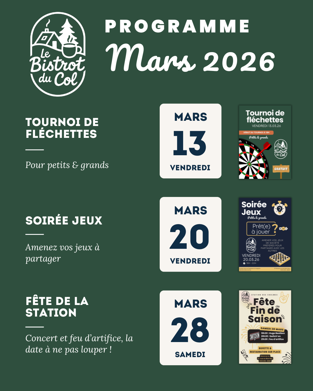 Programme de Mars 2026 Bistrot du Col - station des Coulmes